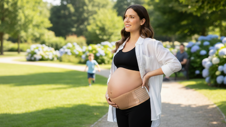 azmed maternity support belt in beige showing the adjustable hook and loop closure for belly lifting.