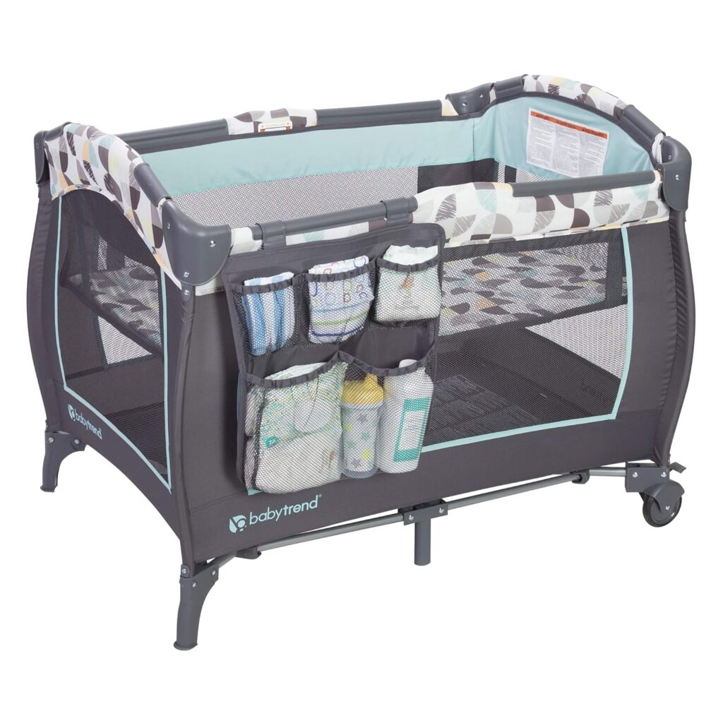 baby trend nursery center, portable playard with bassinet, changing table and storage organizer, trend e foldable and convertible travel play crib for babies and toddlers, doodle dots