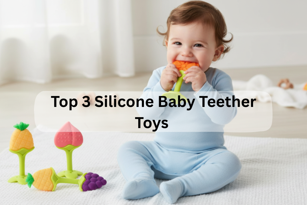 baby playing with silicone teething toy nursery