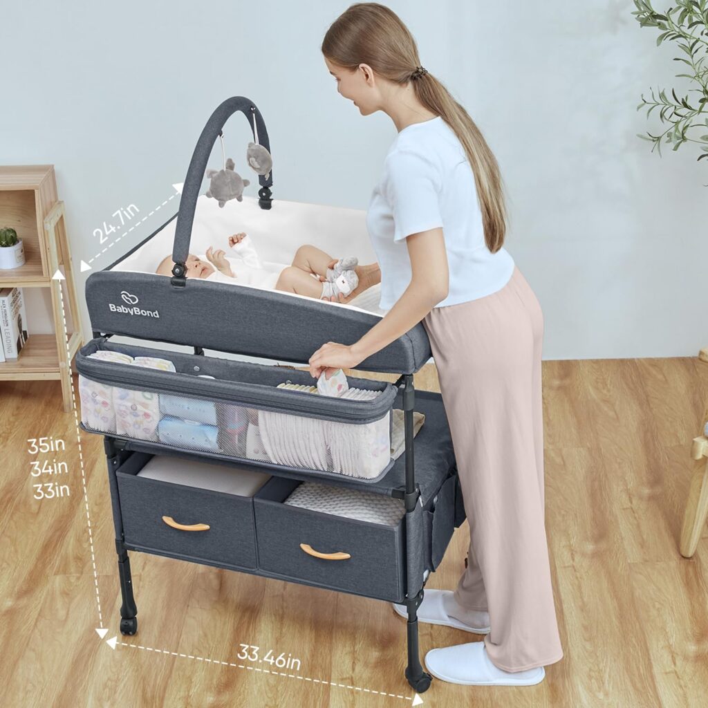 Best Portable Baby Changing Tables (Comparison Guide) babybond foldable portable baby changing table grey adjustable height with storage baskets.