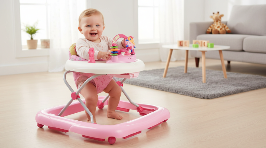 bright starts juneberry baby walker with high seat back support and pink electronic toy station.
