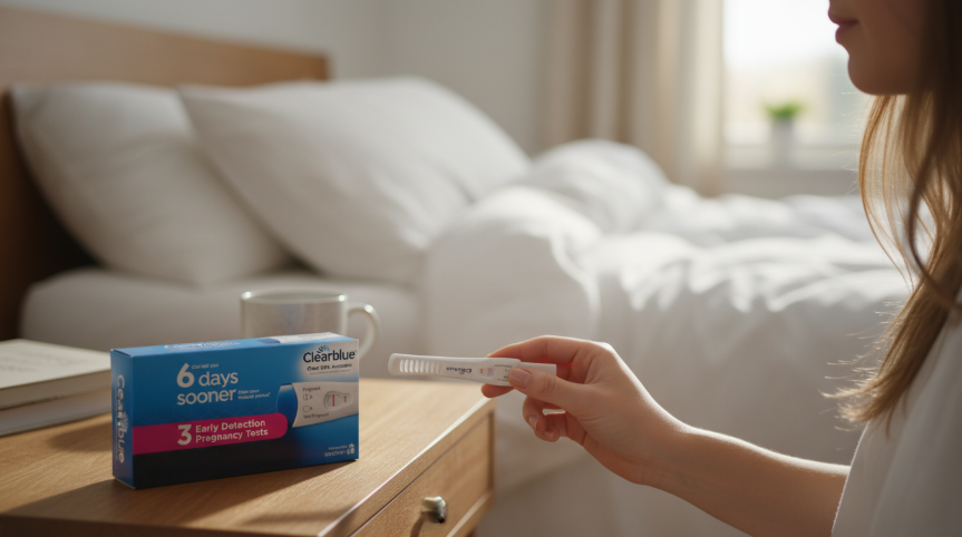 clearblue early detection pregnancy test stick with extra wide tip and two lines indicating a positive result.