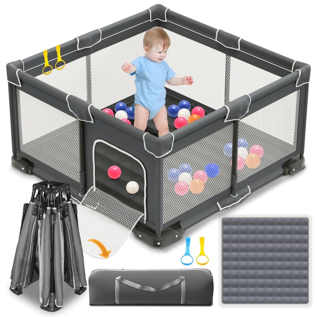 foldable playpen for babies and toddlers, 50x50 inches portable playpen, kids collapsible play pen with 2 handlers, indoor & outdoor baby fence play area with visible mesh, dark gray