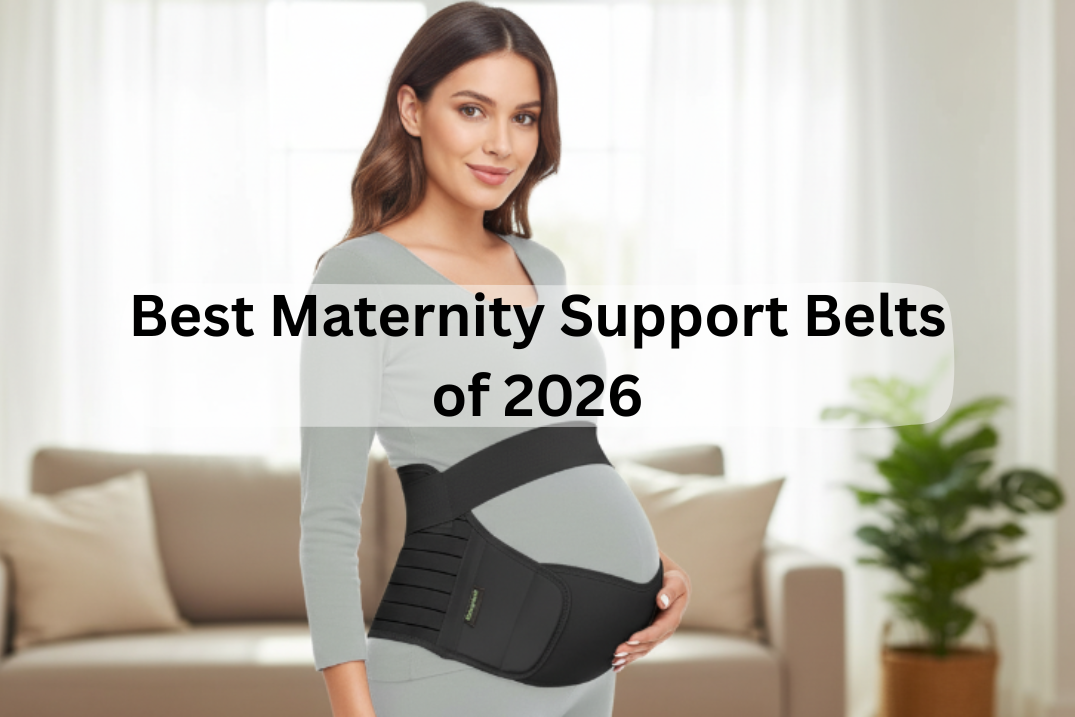 happy pregnant woman in a bright nursery wearing a beige maternity support belt for back relief.