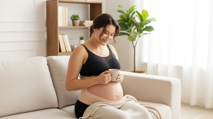 momcozy ergonest pregnancy belly band with a seamless 3d molded design for an invisible fit under clothing.