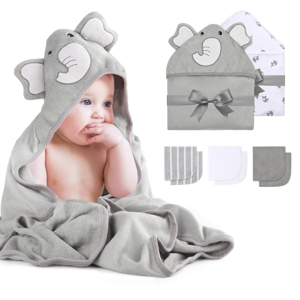 momcozy elephant hooded baby towel set