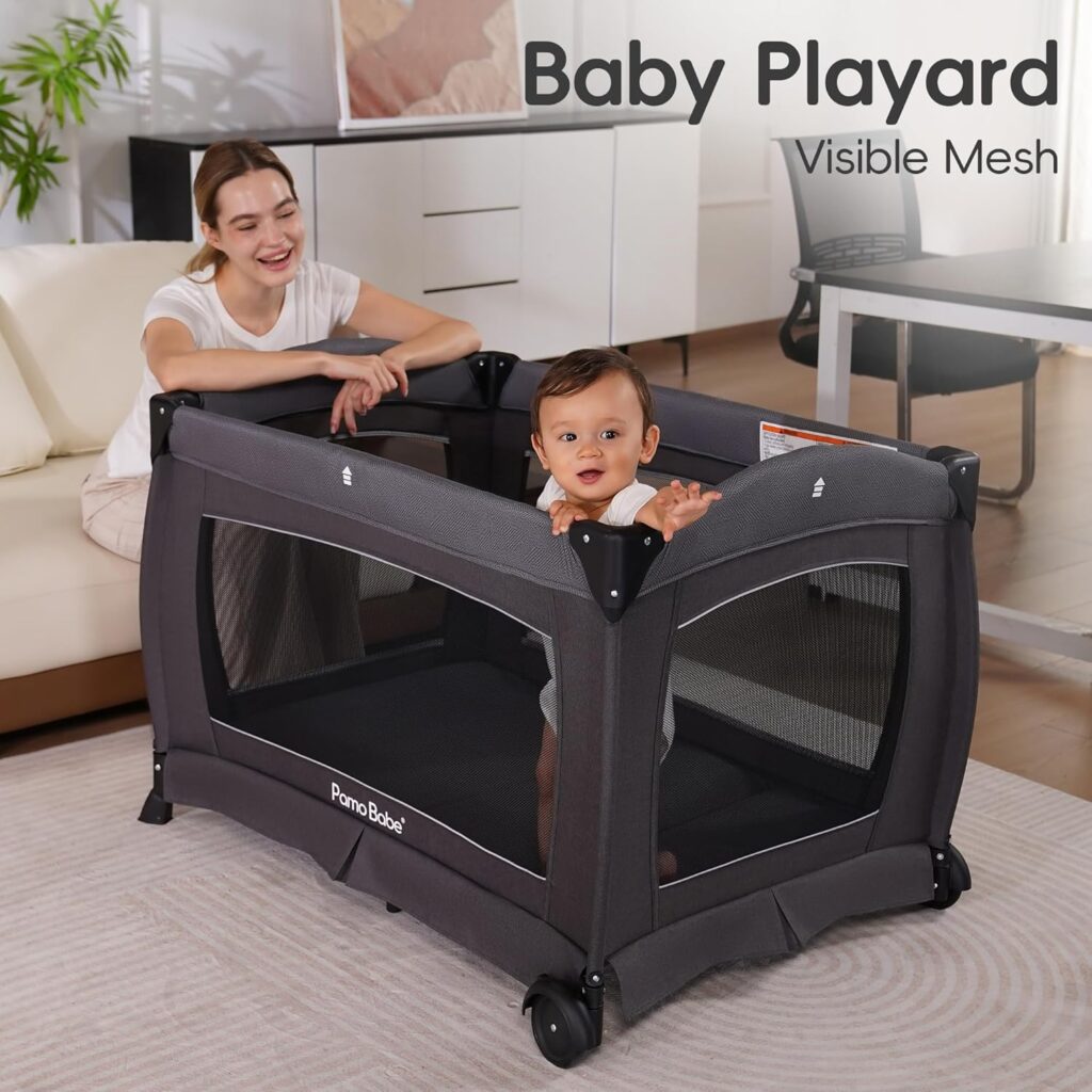 pamo babe portable playpen foldable playard for baby and toddler mattress, changing table for newborn portable playard