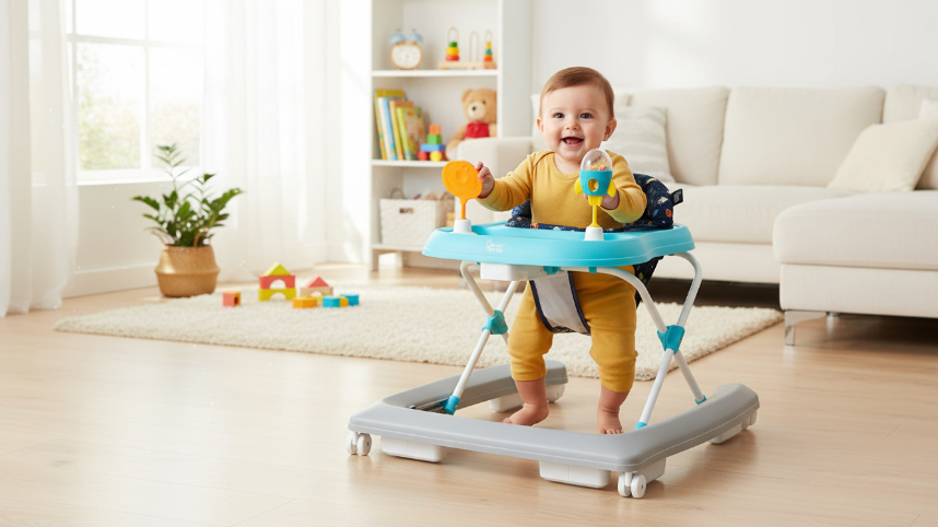 smart steps trend activity walker in space walk navy featuring large snack tray and cup holder.