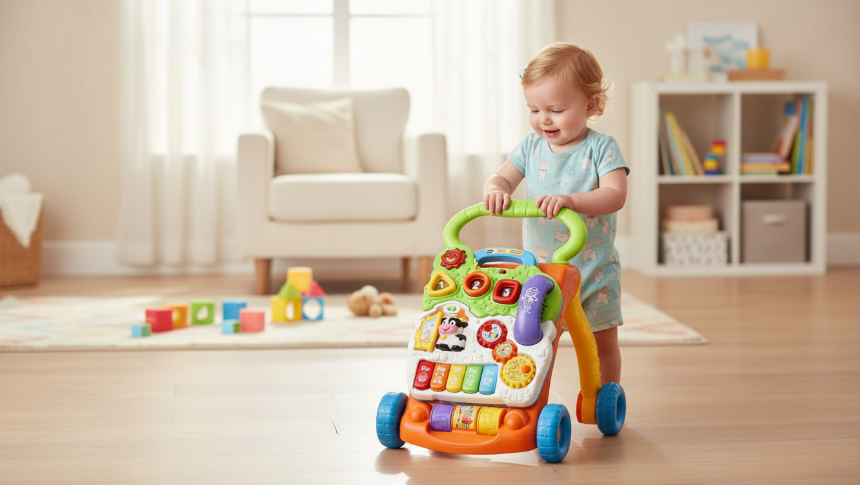 vtech sit to stand learning walker in orange with removable activity panel and piano keys.